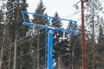 The lift for skiers and snowboarders closeup