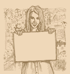 Sketch Happy Woman Holding Blank White Card Against Love Story B