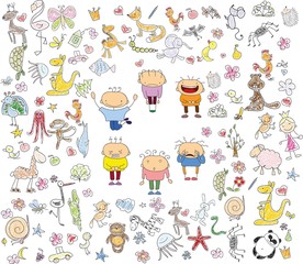 Children's drawings of doodle animals and emotions of people