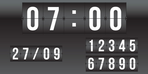 vector scoreboard, retro flip clock,  black and white numbers isolated