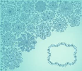 Romantic background with flowers and ladybug. Floral card design with place for your text. Blue pattern on spring theme. Detailed vector illustration. 