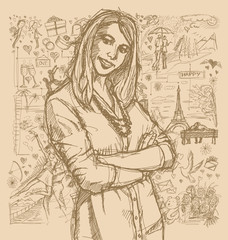 Fototapeta na wymiar Sketch Woman With Crossed Hands Against Love Story Background