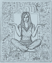 Fototapeta na wymiar Woman In Lotus Pose Against Love Story Background