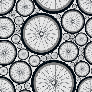 Seamless Pattern With Bike Wheels. Bicycle Wheels With Tires, Rims And Spokes. Gray Vector Illustration. 