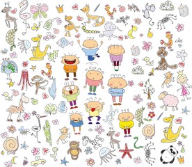 Children's drawings of doodle animals, people, flowers
