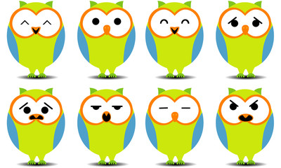 Set of cartoon owls with various facial expressions.