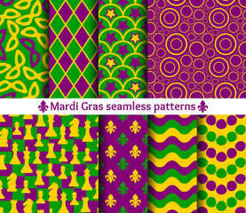 Set of seamless patterns for Mardi Gras. Traditional colors. Mask, chess, fleur de lis, circle and wave. © klerik78