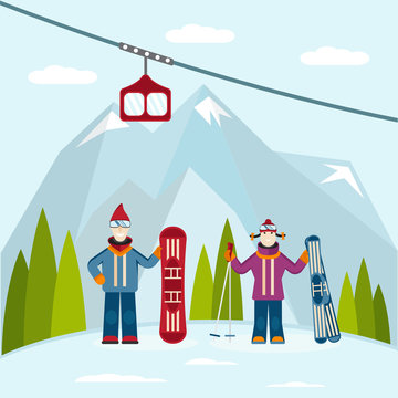 flat design vector illustration on ski and snowboard theme