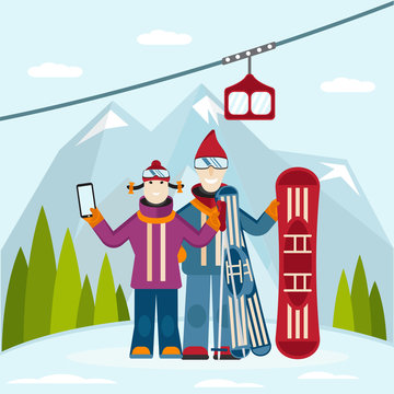 flat design vector illustration on selfie, ski and snowboard the