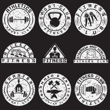 Set of various fitness grunge labels and design elements