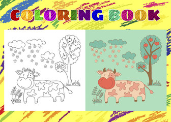 Coloring Book for Kids. Sketchy little pink cow in the garden on
