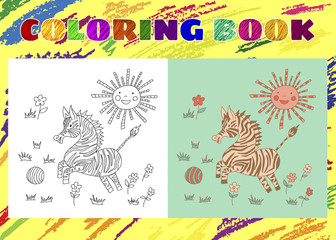 Coloring Book for Kids. Sketchy little pink striped zebra is pla