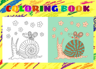 Coloring Book for Kids. Sketchy little pink funny snail with flo