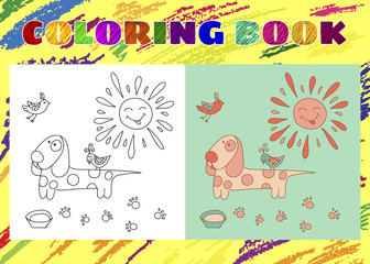 Coloring Book for Kids. Sketchy little pink dog with the sun and