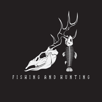 hunting and fishing vintage emblem with skulls of animals