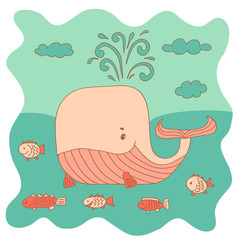 Sketchy little pink whale with a fish swims in the sea in cartoo