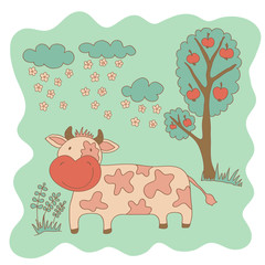 Sketchy little pink cow in the garden on the background of apple