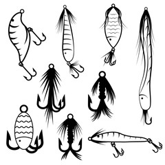 fishing hooks and jigs vector set