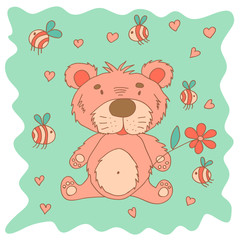 Obraz na płótnie Canvas Sketchy little pink bear in cartoon style with bees and hearts.