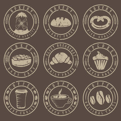 Collection of grunge vintage retro bakery and coffee labels
