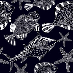 Seamless texture with fish and starfish in cartoon style on a bl