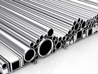Round, square metal tubes and pipes of different diameters and shapes isolated on a white background