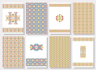 Set of tribal invitation cards. Stripes in ethnic style. American Indian or asian motifs. Colorful  vector illustration. Good for banners, business, wedding cards and like a background. 