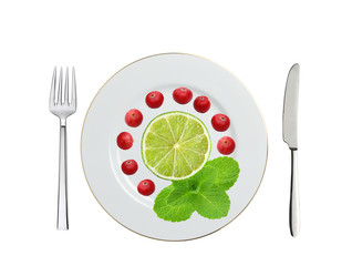 plate with cranberry, lime slice and mint herb, spoon and fork i