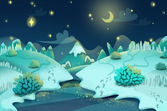 Illustration: Snow Night. Realistic Fantastic Cartoon Style Artwork Scene, Wallpaper, Game Story Background, Card Design
