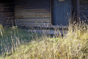 Autumn grass and timber wall