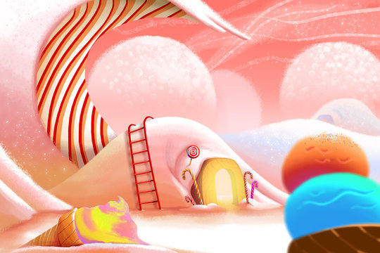 Illustration: Ice cream Mountain. Realistic Fantastic Cartoon Style Artwork Scene, Wallpaper, Game Story Background, Card Design