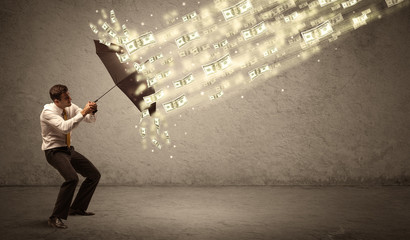 Business man holding umbrella against dollar rain concept