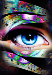 Fototapeta premium Woman Eye and music note and cosmic space with stars. abstract color background, eye contact.