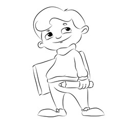 Contour for coloring of pensive student the artist with book and pencil. Illustration, vector