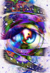Woman Eye and music note and cosmic space with stars. abstract color background, eye contact.