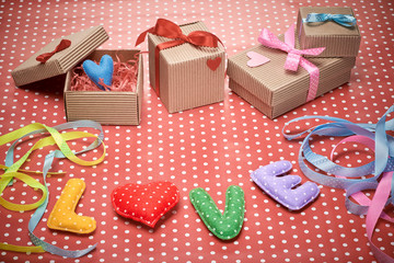 Love, Valentines Day. Word polka dots,heart,ribbon