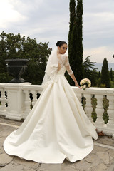 Fototapeta premium gorgeous bride with dark hair wears elegant wedding dress