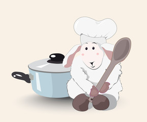 lamb the cook with a wooden spoon and a blue pan