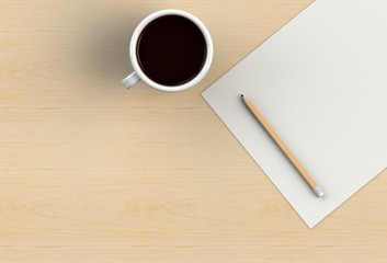 Blank paper with pencil and coffee cup on wood table