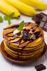 Delicious pancakes with bananas and chocolate.
