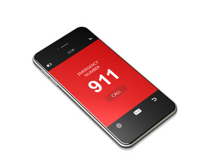 mobile phone with 911 emergency number lying on white - obrazy, fototapety, plakaty