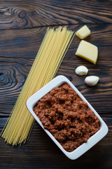 Top view of ingredients for cooking spaghetti bolognese