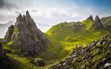 The ancient rocks of Old Man of Storr on a cloudy day - Isle of Skye, Scotland, UK - obrazy, fototapety, plakaty
