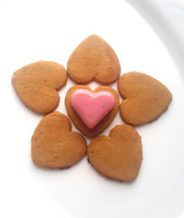 Sweet Valentine. Sweet pink red marzipan heart and hearts biscuits