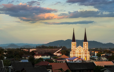 Fototapeta premium cityscape with the catholic church in the community of Chanthaburi province east of Thailand 