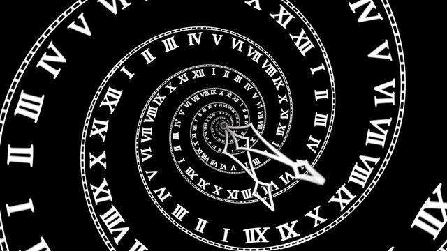 Looping Spiral Clock (4K). 
Animation symbolizing losing track of time. With a classic spiral clock turning on black background. Variations in my portfolio.
Full 4K computer generated animation