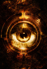 Ancient Mayan Calendar and woman eye,  abstract color Background, computer collage. Eye in circle light. 