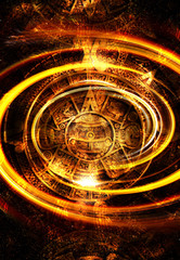 Ancient Mayan Calendar and  Music note, Cosmic space with stars, abstract color Background, computer collage. light circular in space.
