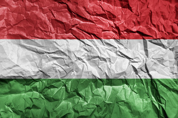 Hungary flag painted on crumpled paper background