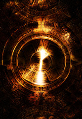 Ancient Mayan Calendar and silhouette of music Audio Speaker, Cosmic space with stars, abstract color Background, computer collage. Light Circle. Music concept.